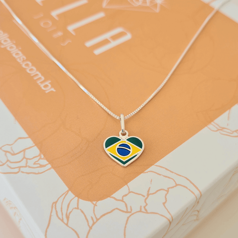 Colar coração bandeira do brasil prata 925